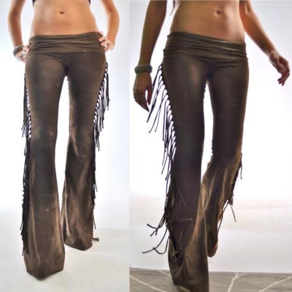 SHORT LENGTH Hiphugger Fringe Bell Bottoms in BROWN TIE DYE Rocker Festival Boho - Picture 7 of 13